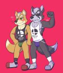  anthro armpit_hair blush bulge canine clothed clothing duo embrace flexing fox fox_mccloud grin half_naked jockstrap male male/male mammal muscular muscular_male nintendo pose shirt smile star_fox sweat tank_top touyakemone underwear video_games wolf wolf_o&#039;donnell 