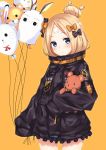  abigail_williams_(fate/grand_order) balloon bangs black_bow black_jacket blonde_hair blue_eyes blush bow closed_mouth commentary_request cowboy_shot crossed_bandaids eyebrows_visible_through_hair fate/grand_order fate_(series) fou_(fate/grand_order) hair_bow hair_bun head_tilt heroic_spirit_traveling_outfit holding holding_balloon jacket key komori_kuzuyu long_hair long_sleeves looking_at_viewer medjed object_hug orange_background orange_bow parted_bangs polka_dot polka_dot_bow sleeves_past_fingers sleeves_past_wrists solo star stuffed_animal stuffed_toy teddy_bear 