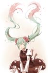  1girl ahoge back_bow bangs bow bowtie breasts brown_dress cherry_blossom_print cherry_blossoms chiramisu06 chuko_miku commentary dress engrish_commentary eyelashes eyes_closed floating_hair flower gradient_hair green_hair hair_flower hair_ornament hair_ribbon hatsune_miku highres long_hair long_sleeves medium_breasts multicolored_hair own_hands_together parted_lips petals pleated_sleeves print_dress puffy_long_sleeves puffy_sleeves ribbon sakura_miku sleeve_garters sleeves_past_wrists solo treble_clef_hair_ornament v_arms very_long_hair vocaloid wavy_hair wing_collar 