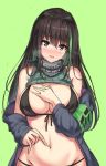  adapted_costume armband bangs bare_shoulders bikini black_bikini black_eyes black_hair blush breasts cenangam clothes_lift commentary_request cowboy_shot eyebrows_visible_through_hair girls_frontline green_background green_hair green_sweater groin hair_between_eyes headphones jacket long_hair looking_at_viewer m4a1_(girls_frontline) multicolored_hair navel open_mouth ribbed_sweater scarf sidelocks simple_background solo stomach streaked_hair sweater sweater_lift sweater_vest swimsuit 