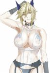  arm_up armpits arms_behind_head artoria_pendragon_(all) artoria_pendragon_(lancer_alter) babydoll bangs bare_shoulders black_panties blonde_hair blush braid breasts choker cleavage collarbone commentary_request covered_nipples eyebrows_visible_through_hair eyelashes fate/grand_order fate_(series) french_braid garter_belt garter_straps gloves grey_gloves grey_panties hair_between_eyes hashimoto_(frog_flag) hips horns jewelry large_breasts lingerie long_hair looking_at_viewer navel necklace pale_skin panties royal_icing see-through sidelocks simple_background smile solo swept_bangs underwear white_background yellow_eyes 