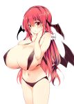  alternate_breast_size bangs bare_arms bare_shoulders bikini black_bikini black_ribbon breasts covered_nipples cowboy_shot flower gigantic_breasts hair_flower hair_ornament hair_ribbon hands_on_own_face head_wings highres koakuma long_hair looking_at_viewer maturiuta_sorato micro_bikini navel red_eyes red_hair revision ribbon shiny shiny_hair simple_background solo standing swimsuit touhou white_background 