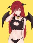  arm_at_side bangs bare_arms bare_shoulders bat_wings bell bell_choker black_bra black_choker black_panties black_wings blush bra breasts cat_lingerie choker cleavage cleavage_cutout closed_mouth collarbone colored_eyelashes cowboy_shot eyebrows_visible_through_hair hand_up head_tilt head_wings highres honi koakuma large_breasts long_hair looking_at_viewer meme_attire navel panties pout red_eyes red_hair shiny shiny_hair simple_background solo touhou underwear underwear_only very_long_hair wings yellow_background 