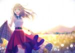  :d backlighting bangs bare_shoulders belt belt_buckle black_belt blonde_hair blue_eyes blurry blurry_background blush breasts buckle collared_shirt commentary_request cowboy_shot dandelion day depth_of_field eyebrows_visible_through_hair flower hair_between_eyes highres holding kashiwabara_en light_brown_hair long_hair looking_at_viewer mountain nail_polish open_mouth original outdoors plaid pleated_skirt red_nails red_skirt revision shawl shirt skirt sleeveless sleeveless_shirt small_breasts smile solo standing sunlight upper_teeth watch white_flower white_shirt wristwatch 
