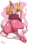  anthro barefoot big_butt bike_shorts blonde_hair butt claws clothed clothing digitigrade female fur hair jacket lightsource looking_at_viewer looking_back lying mammal mouse on_side open_mouth paws pink_eyes ponytail rear_view rodent shorts simple_background smile solo spandex tight_clothing white_fur 
