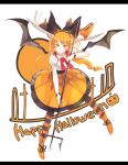  alternate_costume alternate_hair_length alternate_hairstyle animal_ears bangle bat_wings black_bow black_ribbon black_skirt blush blush_stickers boots bow bracelet closed_mouth commentary commentary_request fake_animal_ears full_body hairband halloween happy_halloween highres holding horn_ribbon horns ibuki_suika jewelry legs_apart letterboxed looking_at_viewer o_(crazyoton46) oni orange_eyes orange_footwear orange_hair orange_skirt pantyhose pitchfork ponytail puffy_short_sleeves puffy_sleeves pumpkin red_neckwear ribbon shihou_(g-o-s)_(style) shirt short_hair short_hair_with_long_locks short_sleeves side_ponytail sidelocks simple_background skirt smile solo striped striped_legwear touhou white_background white_shirt wings 