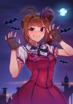  ahoge arms_up bangs bat bat_hair_ornament black_gloves black_neckwear black_ribbon blunt_bangs breasts brown_hair cloud commentary_request dress eyebrows_visible_through_hair fingerless_gloves fingernails frilled_shirt_collar frilled_sleeves frills full_moon gloves grin hair_ornament idolmaster idolmaster_million_live! kamille_(vcx68) lamppost lipstick long_fingernails long_hair looking_at_viewer makeup medium_breasts moon my_dear_vampire nail_polish neck_ribbon night night_sky outdoors pinafore_dress pink_dress pink_lips pink_nails purple_eyes ribbon short_sleeves side_ponytail sidelocks sky smile solo teeth yokoyama_nao 