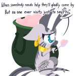  2018 anklet cauldron crying cutie_mark dragonpone ear_piercing english_text equine female feral friendship_is_magic gold_(metal) jewelry mammal my_little_pony necklace piercing solo tears text zebra zecora_(mlp) 