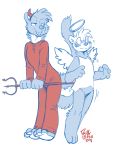  2018 angel anthro blush bottomless breel_(housepets!) clothed clothing costume demon duo ferret halloween halo holidays housepets! keene_(housepets!) male male/male mammal marten mustelid pine_marten pitchfork rick_griffin signature wings 