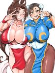  2girls breasts brown_eyes brown_hair capcom capcom_vs_snk chun-li cleavage crossover curvy fatal_fury grin huge_breasts long_hair looking_at_viewer multiple_girls one_eye_closed open_mouth ponytail red_eyes shiranui_mai smile street_fighter thick_thighs thighs tsunapiko v wide_hips 