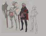  :&lt; age_difference armor armored_boots ass_visible_through_thighs axe bare_shoulders battle_axe blonde_hair boots bottomless bracelet cane cape commentary_request covered_nipples cowter dark_elf dark_skin elf hand_on_hip helm helmet high_heel_boots high_heels horns jewelry jitome lipstick long_hair looking_at_viewer makeup mikoyan multiple_girls original pointy_ears pubic_hair short_hair shoulder_armor silver_hair size_difference sketch spaulders staff thighhighs weapon yellow_eyes 
