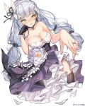  blush breasts choker cleavage commentary cross dress eyebrows_visible_through_hair flower girls_frontline gloves green_eyes hair_flower hair_ornament hairband highres hk416_(girls_frontline) jewelry large_breasts lee_seok_ho long_hair ring silver_hair simple_background single_glove smile thighhighs twintails very_long_hair wedding_dress wedding_ring white_background 