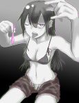  ;p armpits bangs bare_arms bikini_top blush breasts chromatic_aberration chromatic_aberration_abuse cleavage collarbone condom cookie_(touhou) cowboy_shot earrings eyebrows_visible_through_hair gradient gradient_background greyscale hair_between_eyes highres holding holding_condom jewelry kofji_(cookie) labor long_hair looking_at_viewer medium_breasts monochrome navel one_eye_closed open_fly open_mouth panties panty_peek shorts simple_background solo spot_color stomach tongue tongue_out underwear 