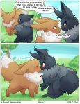  2018 3_toes ? all_fours alternate_color ambiguous_gender angry black_fur blush brown_fur brown_nose comic cute_fangs detailed_background dialogue dipstick_tail duo eevee english_text eye_contact eyes_closed feral fluffy fluffy_tail fur grass green_eyes hi_res kissing multicolored_tail nintendo on_grass open_mouth outside plant pok&eacute;mon pok&eacute;mon_(species) pond red_eyes shrub shy sky speech_bubble tears text toes tongue tree uluri video_games white_fur 