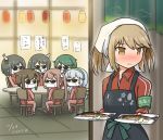 apron armband artist_name asagumo_(kantai_collection) bandana black_apron blush brown_eyes chair commentary curse_(023) dated disguise face_mask fish fusou_(kantai_collection) jacket kantai_collection light_brown_hair mask michishio_(kantai_collection) mogami_(kantai_collection) multiple_girls red_jacket saury shigure_(kantai_collection) short_hair solo_focus sunglasses table track_jacket track_suit yamagumo_(kantai_collection) yamashiro_(kantai_collection) 