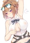  1girl absurdres ahoge arm_up armpits bangs belt black-framed_eyewear black_neckwear black_ribbon blush breasts brown_hair commentary_request covered_nipples dutch_angle ear_blush eyebrows_visible_through_hair eyewear_on_head girls_frontline glasses grizzly_mkv_(girls_frontline) highres jingo korean korean_commentary large_breasts looking_away looking_to_the_side neck_ribbon nipples no_bra o-ring opaque_glasses open_clothes open_shirt paizuri_invitation parted_lips partial_commentary purple_eyes ribbon see-through shirt short_hair simple_background slit_pupils solo speech_bubble spoken_ellipsis sweat translation_request upper_body white_background white_shirt 