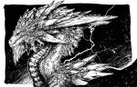  2018 ambiguous_gender black_and_white digital_media_(artwork) dragon feral horn isvoc monochrome solo spines 