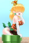  arm_support artist_name bare_shoulders blonde_hair breasts covered_eyes crown dated drainpipe earrings elbow_gloves frilled_leotard frills gloves hair_over_eyes hairband hand_on_own_cheek highleg highleg_leotard hips jewelry large_breasts leotard long_hair mario_(series) new_super_mario_bros._u_deluxe open_mouth personification piranha_plant pointy_ears polka_dot red_leotard sharp_teeth solo strapless strapless_leotard super_crown tail teeth thighhighs tilted_headwear warp_pipe white_gloves white_hairband white_legwear zanma 