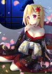  aoi_yun bangs bare_shoulders black_kimono blonde_hair blurry blurry_foreground blush bow breasts choker cleavage collarbone depth_of_field eyebrows_visible_through_hair floral_print flower frilled_choker frills full_moon hair_between_eyes hair_flower hair_ornament hand_up index_finger_raised indoors japanese_clothes kimono large_breasts long_hair looking_at_viewer moon night night_sky off_shoulder oriental_umbrella original parted_lips petals print_kimono purple_eyes red_flower round_window sidelocks sitting sky solo star_(sky) starry_sky umbrella very_long_hair white_bow white_choker yokozuwari 