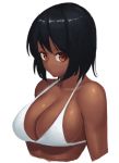  bangs bikini bikini_top black_hair breasts cleavage closed_mouth collarbone commentary_request cropped_torso dark_skin large_breasts looking_at_viewer original ranma_(kamenrideroz) red_eyes short_hair simple_background solo swimsuit upper_body white_background white_bikini 