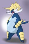  2016 anthro belly big_belly biped blue_belly blue_body breasts claws facial_hair fangs female horn looking_down mammal mustelid navel nintendo nude open_mouth pok&eacute;mon pok&eacute;mon_(species) pregnant pussy red_eyes samurott simple_background slightly_chubby solo standing teeth tongue video_games 晴龍 