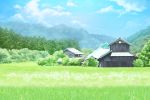  blue_sky building cloud cloudy_sky day field forest grass highres house mountain nature no_humans original outdoors scenery sky tile_roof tree wanna 