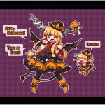  ;d alternate_color argyle argyle_background bat_wings black_hat black_legwear black_shirt black_skirt blonde_hair blush boots chain chibi commentary demon_tail english fangs frilled_skirt frills halloween halloween_costume hat horn_ribbon horns ibuki_suika kumamoto_(bbtonhk2) letterboxed long_hair looking_at_viewer low-tied_long_hair lowres one_eye_closed open_mouth orange_footwear orange_skirt outline pixel_art ribbon shirt simple_background skirt sleeveless sleeveless_shirt smile sparkle speech_bubble tail touhou two-tone_skirt very_long_hair white_outline wings wrist_cuffs yellow_eyes 