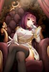  aiguillette bangs black_legwear black_skirt blush breasts closed_mouth commentary_request crossed_legs epaulettes eyebrows_visible_through_hair fate/grand_order fate_(series) feet_out_of_frame gloves gold_trim hand_on_own_face hand_up head_tilt highres large_breasts long_hair long_sleeves looking_at_viewer microskirt military military_uniform outstretched_hand pleated_skirt purple_hair red_eyes scathach_(fate)_(all) scathach_(fate/grand_order) shiny shiny_hair shoron sitting skirt smile smug solo spread_fingers thighhighs throne uniform white_gloves 