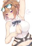 1girl absurdres ahoge arm_up armpits bangs belt black-framed_eyewear black_neckwear black_ribbon blush breasts brown_hair dutch_angle ear_blush eyebrows_visible_through_hair eyewear_on_head girls_frontline glasses grizzly_mkv_(girls_frontline) highres jingo large_breasts looking_away looking_to_the_side neck_ribbon no_bra o-ring opaque_glasses open_clothes open_shirt parted_lips purple_eyes ribbon shirt short_hair simple_background slit_pupils solo speech_bubble spoken_ellipsis sweat translation_request upper_body white_background white_shirt 