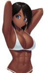  abs armpits arms_behind_head arms_up bangs bikini black_eyes black_hair blue_eyes breasts cleavage commentary_request dark_skin large_breasts looking_at_viewer navel original pouty_lips ranma_(kamenrideroz) short_hair simple_background solo stomach swimsuit upper_body white_background white_bikini 