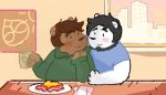  anthro bacon bear beverage blush cartoon_network clothing cup egg fibear food fork grizzly(wbb) grizzly_(wbb) grizzly_bear hair ice_bear male male/male mammal plate smile we_bare_bears 