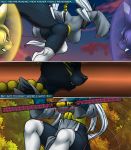 2018 anthro big_breasts black_skin blue_skin breasts cleavage clothed clothing comic digimon digimon_(species) doumon english_text female fur furball purple_skin pussy renamon taomon text weapon yellow_skin 
