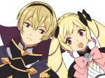  1girl :o ai-wa bangs black_bow black_hairband black_jacket blonde_hair bow brother_and_sister cape closed_mouth elise_(fire_emblem_if) eyebrows_behind_hair fire_emblem fire_emblem_if flower hair_between_eyes hair_bow hairband jacket leon_(fire_emblem_if) light_frown long_hair multicolored_hair open_mouth pink_bow purple_cape purple_eyes purple_hair rose shirt siblings simple_background streaked_hair turtleneck twintails upper_teeth white_background white_flower white_rose white_shirt 