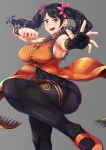  abs ahegao armpits bare_shoulders black_gloves black_hair breasts commentary_request fingerless_gloves gloves grey_background highres large_breasts leg_up ling_xiaoyu long_hair looking_at_viewer open_mouth round_teeth simple_background single_glove smile smirk solo sonparesu teeth tekken tekken_7 thick_thighs thighs tongue twintails 
