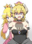  armband arms_behind_back blonde_hair blue_eyes bowsette breasts brooch cleavage collar crown dress earrings elbow_gloves eyebrows gloves hands_on_another's_shoulders horns jewelry large_breasts long_hair mario_(series) multiple_girls new_super_mario_bros._u_deluxe pink_dress princess_peach shadow sharp_teeth spiked_armlet spiked_collar spikes super_crown sweat sweating_profusely teeth tori_(minamopa) white_gloves 