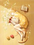  animal_ears artist_name barefoot blonde_hair book cat_ears cat_tail erato flower from_above lying male_focus on_side open_book paw_print_pattern pillow saibai_shounen sleeping solo tail white_flower wooden_floor yarn yarn_ball yellow 