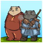 2018 anthro bear belly black_fur cat clothed clothing duo feline fur kusosensei male mammal melee_weapon overweight overweight_male simple_background sword weapon 