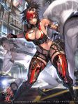  3boys absurdres armlet bangs bare_shoulders battle belt black_footwear blood blood_splatter boots breasts brown_hair building car cityscape cleavage collared_shirt covered_navel dog_tags fighting_stance fingerless_gloves fishnets formal furyou_michi_~gang_road~ garter_straps glass gloves grey_neckwear ground_vehicle highres large_breasts midriff motor_vehicle multicolored_hair multiple_boys nightmadness pants ponytail punching red_hair revealing_clothes road road_sign shiny shiny_skin shirt short_hair sideboob sign standing street suit thighhighs white_suit window 