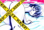  ass blue_hair blush caution_tape censored cookie_(touhou) eyebrows_visible_through_hair grey_eyes keep_out kofji_(cookie) looking_at_viewer lying mcu monochrome nude on_stomach pale_skin scared short_hair simple_background 