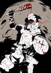  armor blood buckler club commentary_request full_armor fur_collar glowing glowing_eye goblin_slayer goblin_slayer! helmet highres holding knight looking_at_viewer male_focus monochrome red_eyes shield solo spot_color standing u-ta weapon 