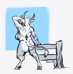  beastmilk bovine breasts butt female fence hooves horn inktober inktober_2018 invalid_tag mammal muscular muscular_female side_boob solo 