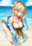  absurdres adjusting_eyewear aqua_jacket arm_support bad_anatomy bangs bare_legs bare_shoulders barefoot bikini black-framed_eyewear black_bikini blonde_hair blue_eyes blue_sky breasts cleavage cloud cloudy_sky commentary_request covered_nipples day dolphin_pendant drawstring fate/grand_order fate_(series) front-tie_bikini front-tie_top full_body glasses half-closed_eyes hand_up head_tilt high_ponytail highres hood hooded_jacket horizon jacket jeanne_d'arc_(fate)_(all) jeanne_d'arc_(swimsuit_archer) jewelry large_breasts long_hair long_sleeves looking_at_viewer necklace open_clothes open_jacket outdoors rai_(newtype_xm-x1) sky solo swimsuit toenails tsurime very_long_hair wet wet_hair 