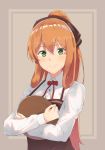  apron blush brown_apron collared_shirt commentary_request eyebrows_visible_through_hair girls_frontline green_eyes hair_between_eyes hair_ornament high_ponytail highres holding holding_tray kusubii long_hair long_sleeves m1903_springfield_(girls_frontline) orange_hair ponytail red_neckwear red_ribbon ribbon shiny shiny_hair shirt smile solo tray two-tone_background upper_body white_shirt wing_collar 
