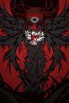  bird black_hair black_wings blood blood_on_face commentary covering_face english_commentary flower highres iralion open_mouth original plant red_background rose short_hair solo teeth thorns vines wings 