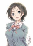  :d artist_name black_hair blue_eyes breasts cardigan commentary_request dated large_breasts looking_at_viewer open_mouth original school_uniform short_hair signature simple_background smile solo tsurugi_hagane upper_body white_background 