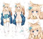  animal_ears aqua_panties ass_visible_through_thighs azur_lane bangs bare_shoulders bed_sheet bell blonde_hair blue_eyes blush breasts dakimakura eyebrows eyebrows_visible_through_hair fox_ears fox_tail hair_ornament highres japanese_clothes jingle_bell kimono long_hair medium_breasts multiple_views niizuki_(azur_lane) nipples nude nyum off_shoulder open_clothes open_kimono open_mouth panties tail thick_eyebrows thighhighs underwear white_censor_bar white_legwear wide_sleeves 