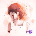  armlet blood blood_splatter brown_eyes brown_hair collarbone earrings facepaint headband jewelry mononoke_hime open_mouth paint_splatter profile san short_hair signature solo studio_ghibli traditional_media upper_body voxnote watercolor_(medium) 