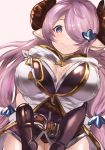  absurdres belt black_gloves black_panties blue_eyes blush breasts breasts_apart bright_pupils cleavage elbow_gloves gloves granblue_fantasy hair_ornament hair_over_one_eye hairclip highres horns long_hair low-tied_long_hair maou_(maoudaisukiya) mismatched_gloves narmaya_(granblue_fantasy) open_clothes panties pointy_ears purple_hair smile solo underwear v_arms very_long_hair white_background 
