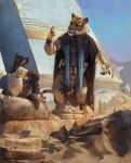  anthro blue_eyes canine cape clothed clothing detailed_background dialogue digitigrade dog duo egyptian fangs feline fur male mammal nomax pyramid sand scroll sitting striped_fur stripes tiger whiskers 