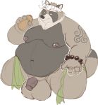  2018 anthro balls belly big_balls canine flaccid humanoid_hands justicecaptainv male mammal moobs navel nipples overweight overweight_male penis simple_background solo tanuki tattoo white_background 